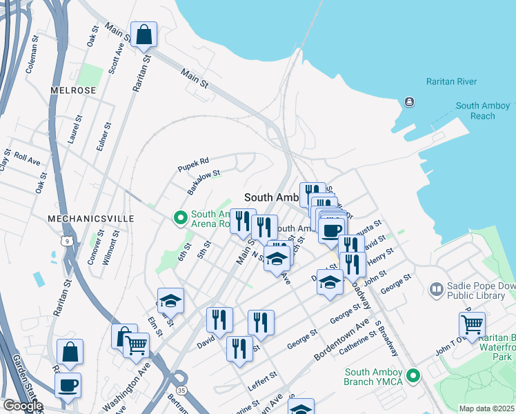 map of restaurants, bars, coffee shops, grocery stores, and more near 240 4th Street in South Amboy