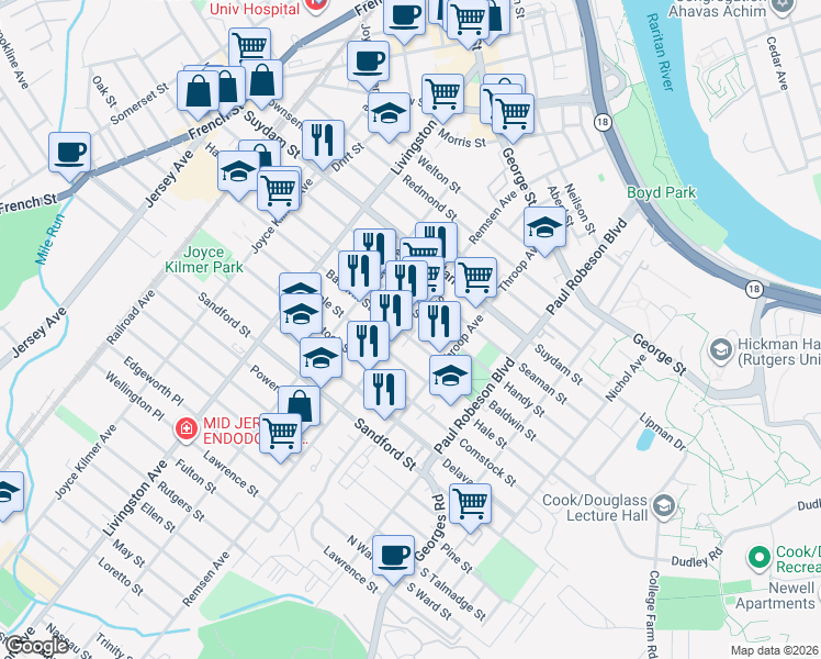 map of restaurants, bars, coffee shops, grocery stores, and more near 174 Handy Street in New Brunswick