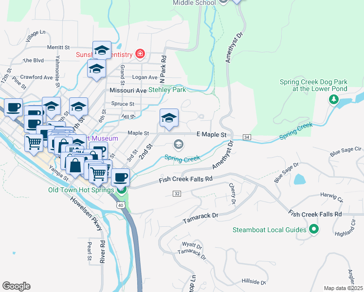 map of restaurants, bars, coffee shops, grocery stores, and more near 45 Maple Street in Steamboat Springs