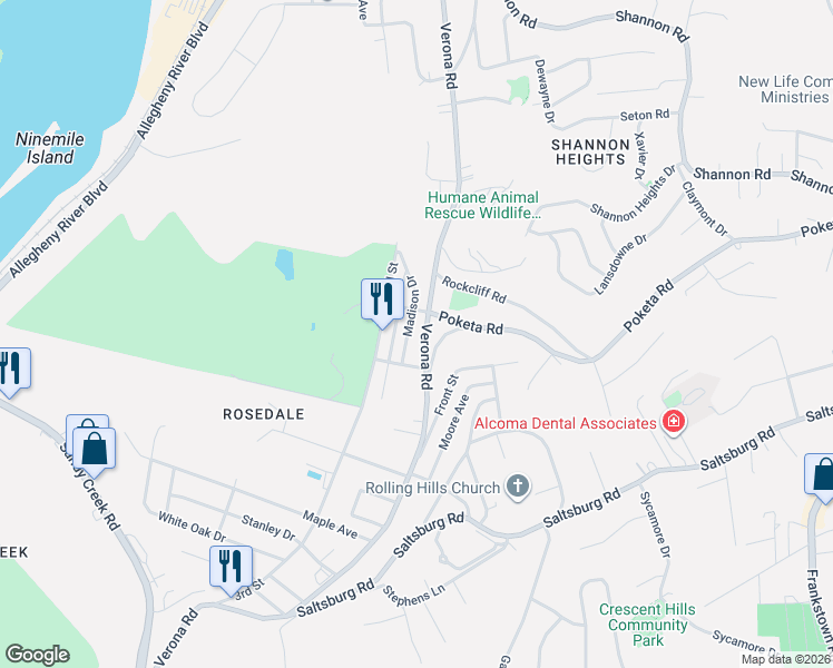 map of restaurants, bars, coffee shops, grocery stores, and more near 5743 Verona Road in Verona