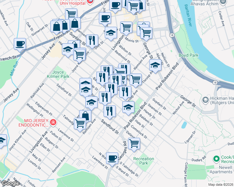 map of restaurants, bars, coffee shops, grocery stores, and more near 174 Handy Street in New Brunswick
