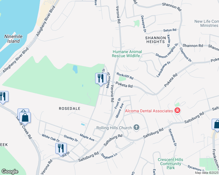 map of restaurants, bars, coffee shops, grocery stores, and more near 5743 Verona Road in Verona