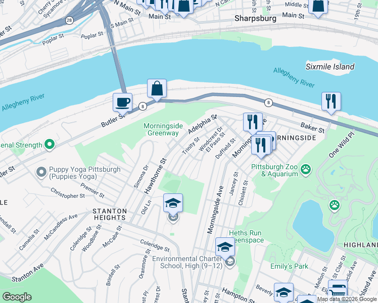 map of restaurants, bars, coffee shops, grocery stores, and more near 1619 Trinity Street in Pittsburgh