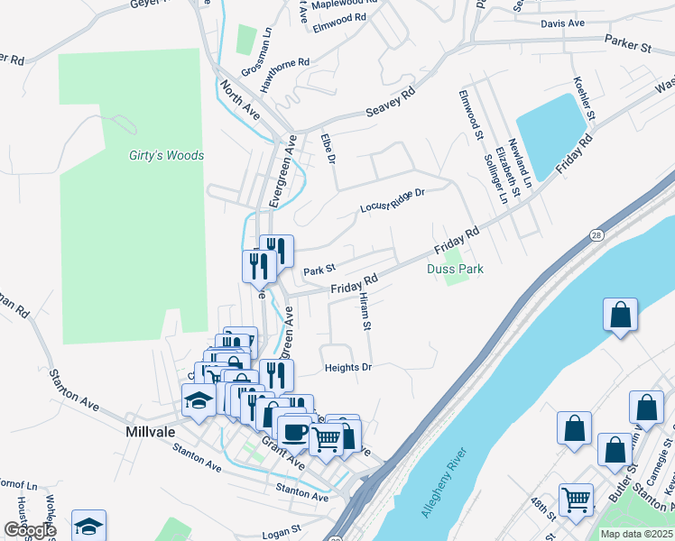 map of restaurants, bars, coffee shops, grocery stores, and more near 117 Park Street in Pittsburgh
