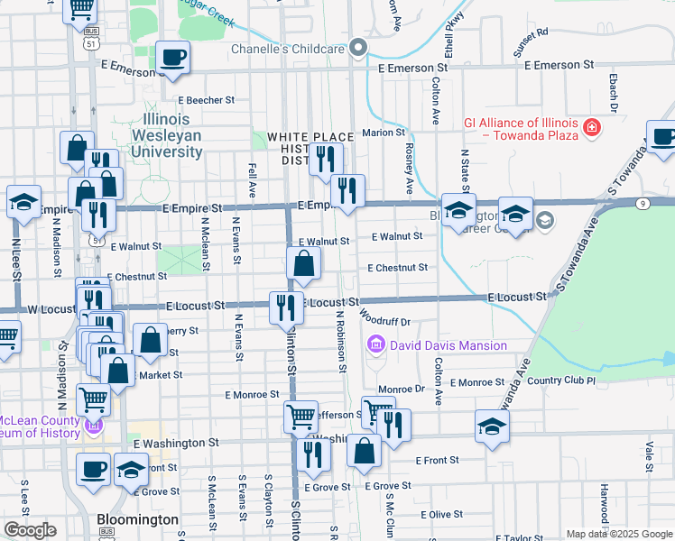 map of restaurants, bars, coffee shops, grocery stores, and more near 907 Elder Street in Bloomington
