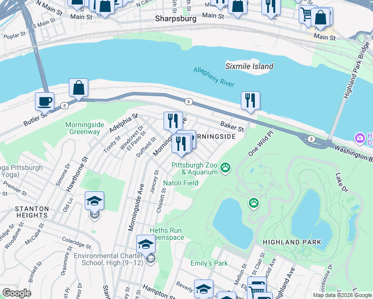 map of restaurants, bars, coffee shops, grocery stores, and more near 1817 Chislett Street in Pittsburgh