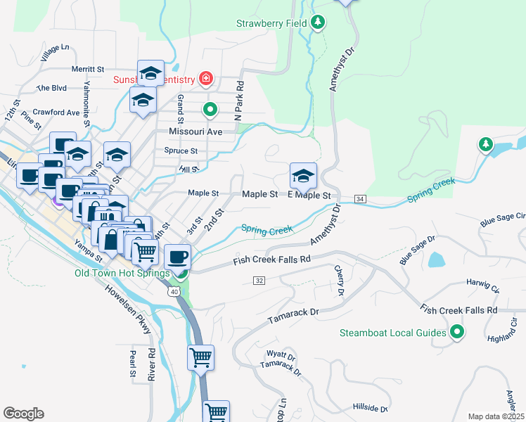 map of restaurants, bars, coffee shops, grocery stores, and more near 45 Maple Street in Steamboat Springs