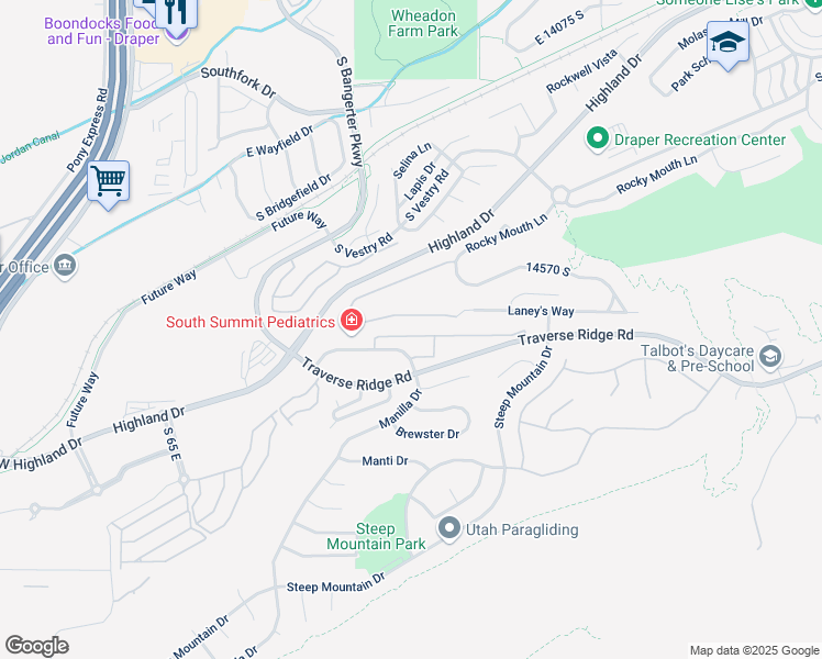 map of restaurants, bars, coffee shops, grocery stores, and more near 393 Braidhill Drive in Draper
