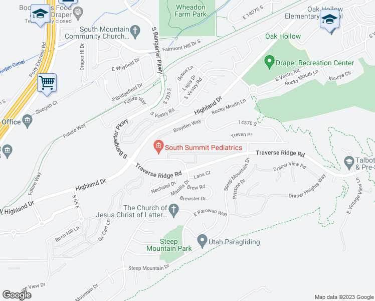 map of restaurants, bars, coffee shops, grocery stores, and more near 401 Braidhill Drive in Draper