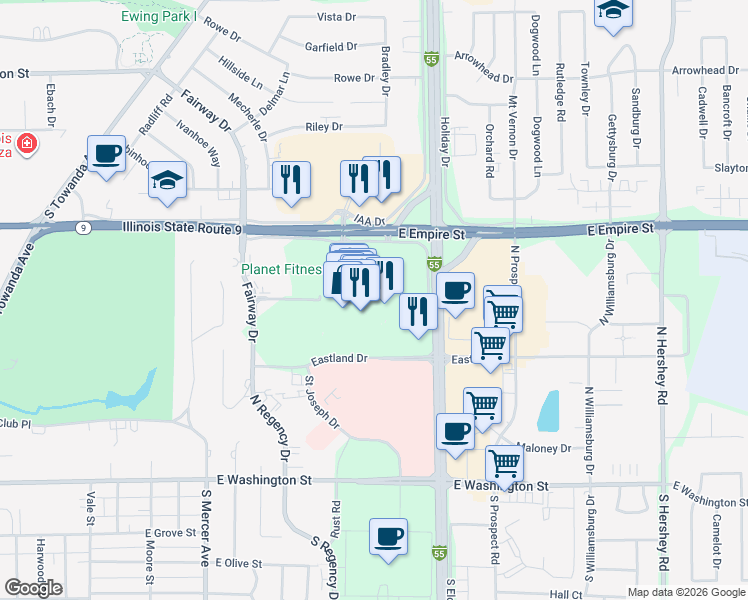 map of restaurants, bars, coffee shops, grocery stores, and more near 1631 East Empire Street in Bloomington