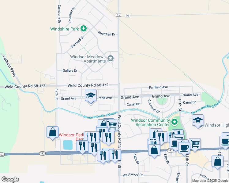 map of restaurants, bars, coffee shops, grocery stores, and more near County Road 15 in Windsor
