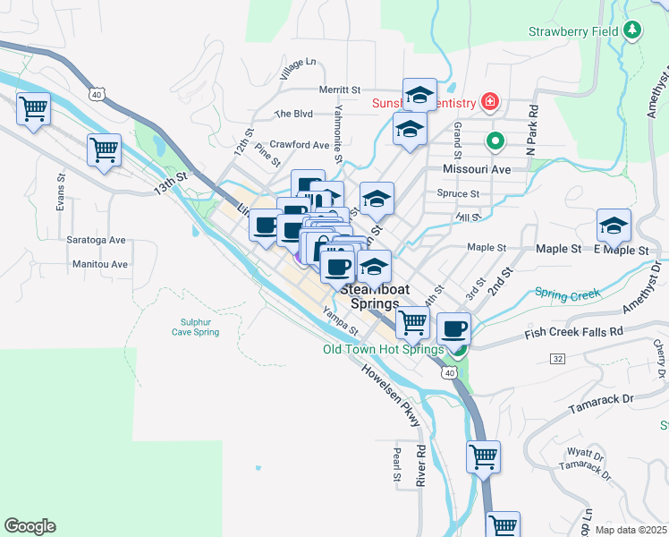 map of restaurants, bars, coffee shops, grocery stores, and more near 702 Oak Street in Steamboat Springs