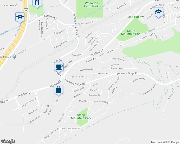 map of restaurants, bars, coffee shops, grocery stores, and more near 409 Haven Crest Road in Draper