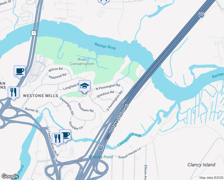 map of restaurants, bars, coffee shops, grocery stores, and more near 29 North Pennington Road in New Brunswick