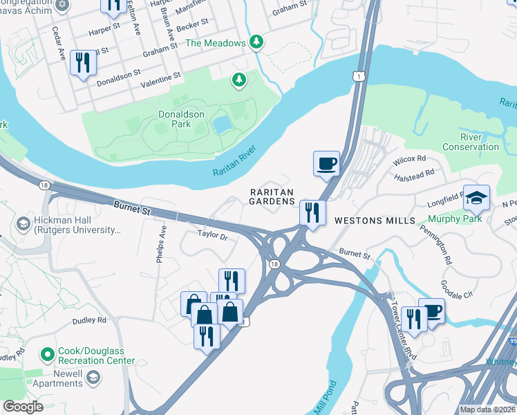 map of restaurants, bars, coffee shops, grocery stores, and more near 113 Chester Circle in New Brunswick