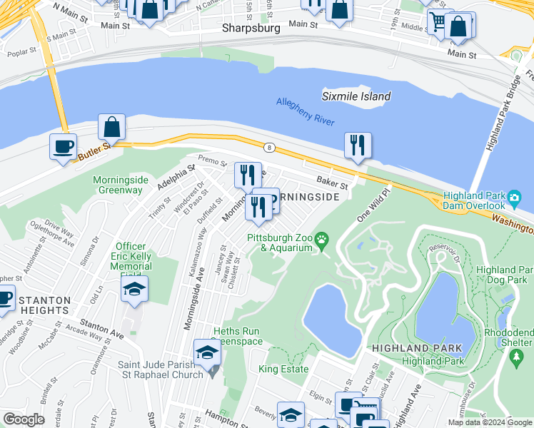 map of restaurants, bars, coffee shops, grocery stores, and more near 1821 Jancey Street in Pittsburgh