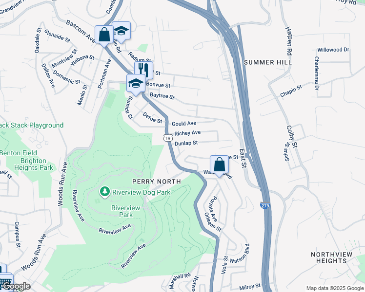 map of restaurants, bars, coffee shops, grocery stores, and more near 108 Dunlap Street in Pittsburgh