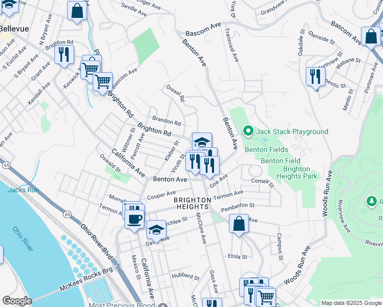 map of restaurants, bars, coffee shops, grocery stores, and more near 3873 Brighton Road in Pittsburgh