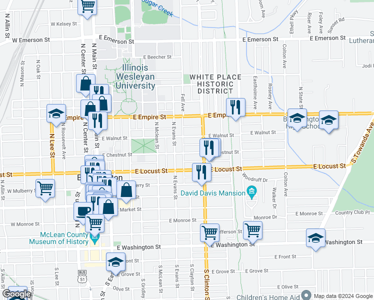 map of restaurants, bars, coffee shops, grocery stores, and more near 508 East Chestnut Street in Bloomington