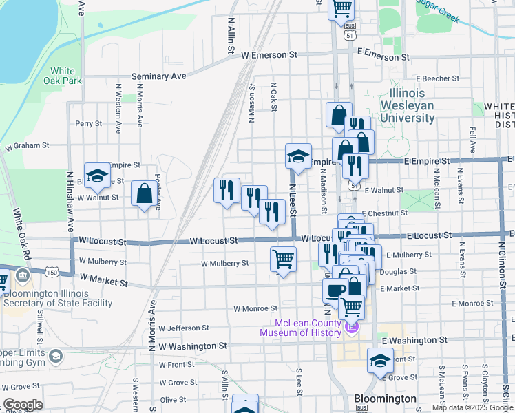 map of restaurants, bars, coffee shops, grocery stores, and more near 805 North Mason Street in Bloomington