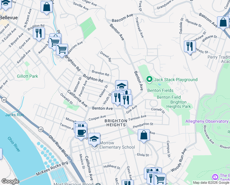 map of restaurants, bars, coffee shops, grocery stores, and more near 3873 Brighton Road in Pittsburgh
