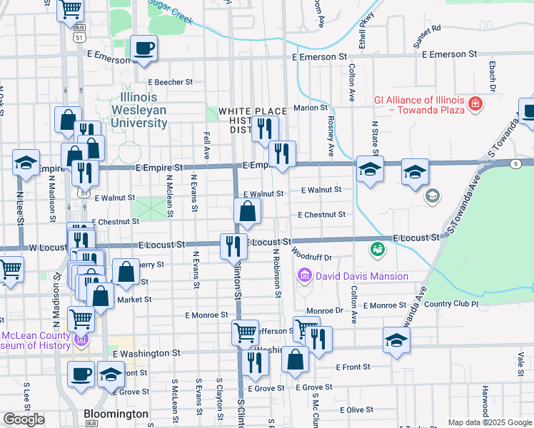 map of restaurants, bars, coffee shops, grocery stores, and more near 901 Elder Street in Bloomington