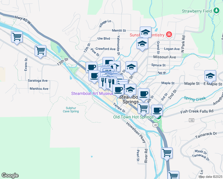 map of restaurants, bars, coffee shops, grocery stores, and more near 775 Lincoln Avenue in Steamboat Springs