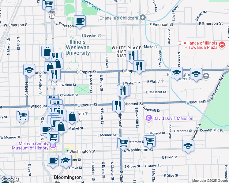 map of restaurants, bars, coffee shops, grocery stores, and more near 516 East Chestnut Street in Bloomington