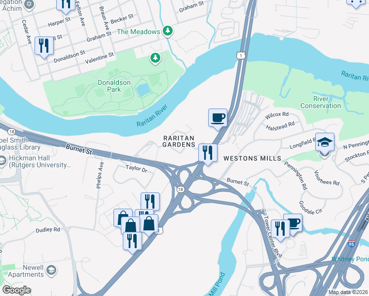 map of restaurants, bars, coffee shops, grocery stores, and more near 15 Chester Circle in New Brunswick
