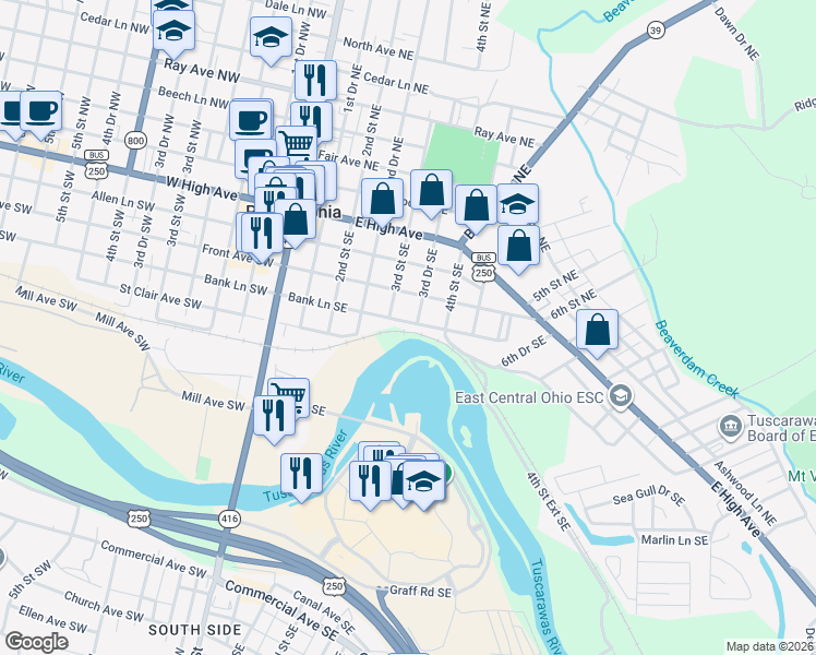 map of restaurants, bars, coffee shops, grocery stores, and more near 322 Front Avenue Southeast in New Philadelphia