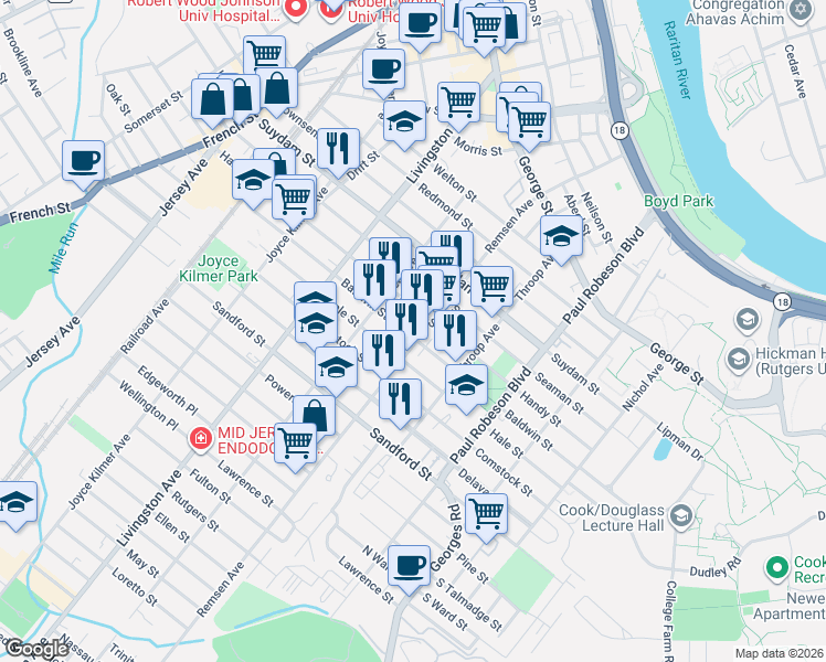 map of restaurants, bars, coffee shops, grocery stores, and more near 174 Handy Street in New Brunswick