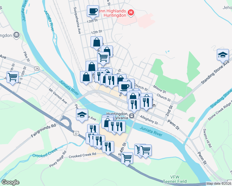 map of restaurants, bars, coffee shops, grocery stores, and more near 611 Washington Street in Huntingdon
