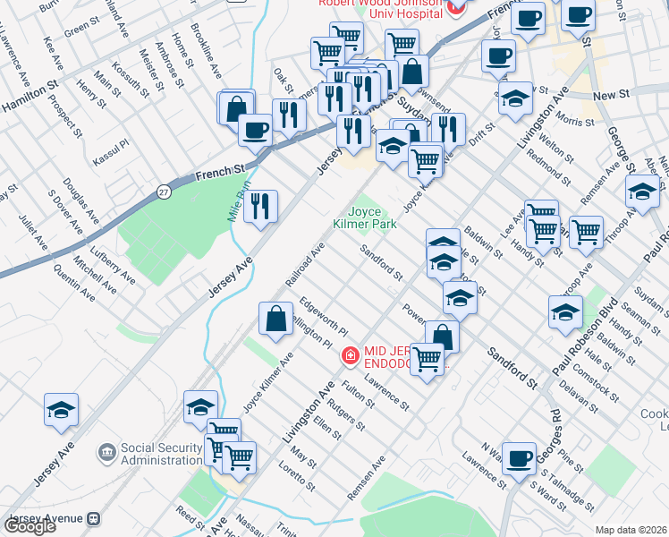 map of restaurants, bars, coffee shops, grocery stores, and more near 272 Powers Street in New Brunswick