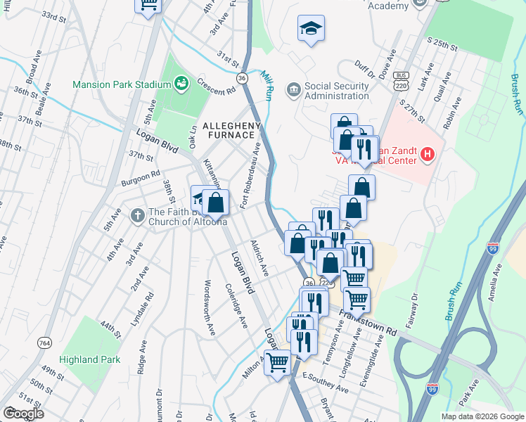 map of restaurants, bars, coffee shops, grocery stores, and more near 105-137 Union Avenue in Altoona