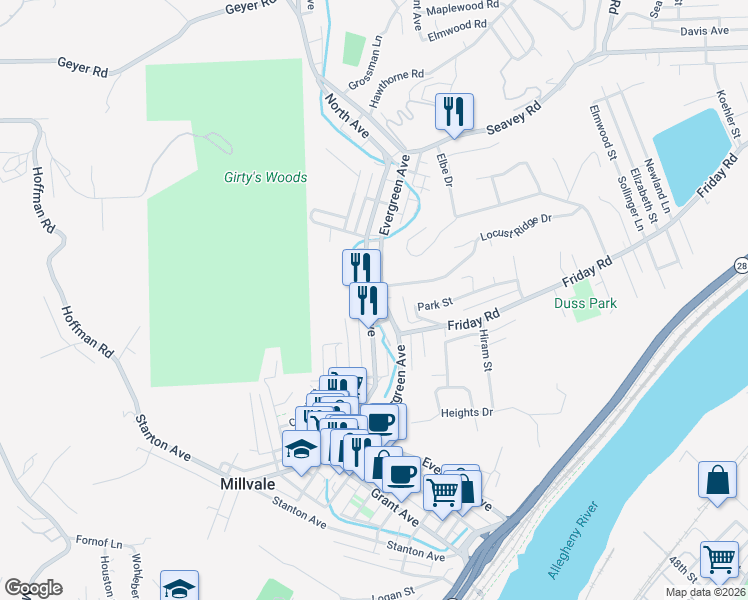 map of restaurants, bars, coffee shops, grocery stores, and more near 654 Evergreen Road in Pittsburgh