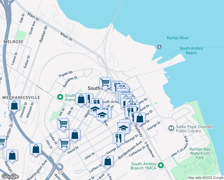 map of restaurants, bars, coffee shops, grocery stores, and more near 165 2nd Street in South Amboy