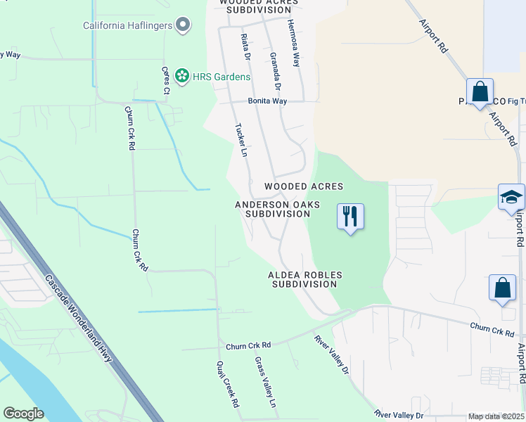map of restaurants, bars, coffee shops, grocery stores, and more near 20080 Kent Court in Redding