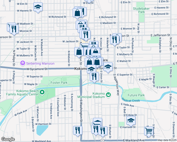 map of restaurants, bars, coffee shops, grocery stores, and more near 110 South Buckeye Street in Kokomo