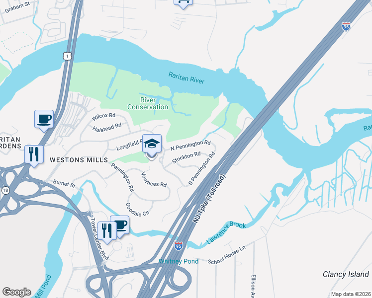 map of restaurants, bars, coffee shops, grocery stores, and more near 18 North Pennington Road in New Brunswick
