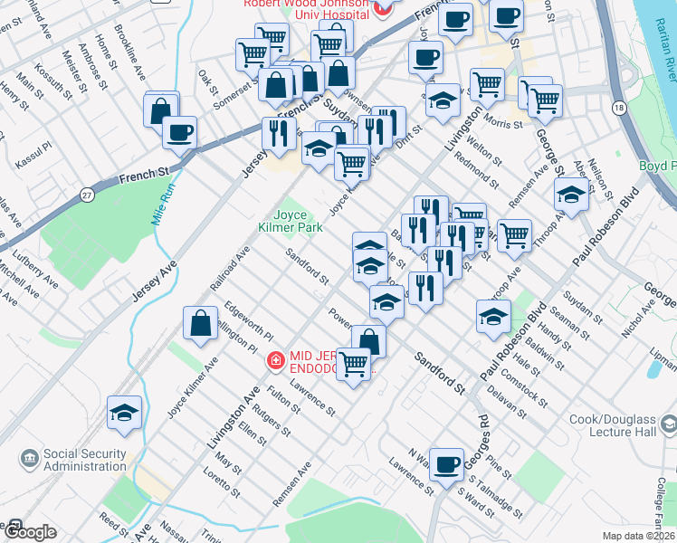 map of restaurants, bars, coffee shops, grocery stores, and more near in New Brunswick