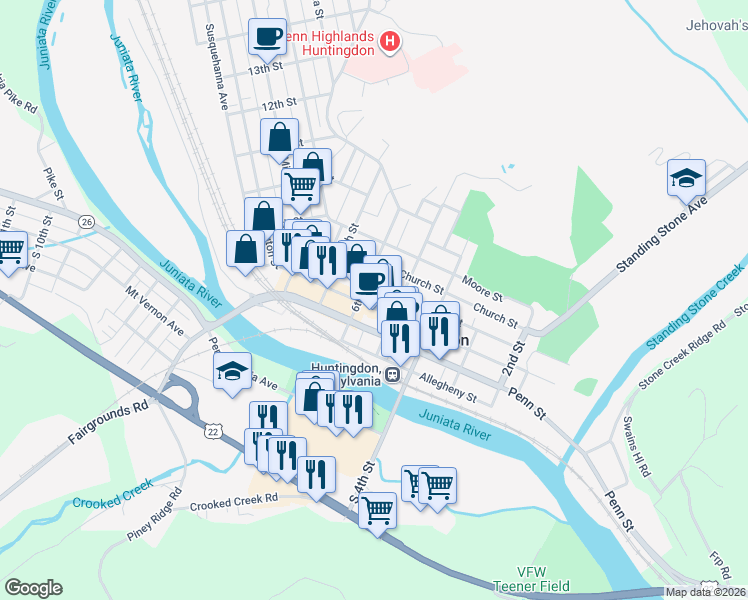 map of restaurants, bars, coffee shops, grocery stores, and more near 509 Mifflin Street in Huntingdon