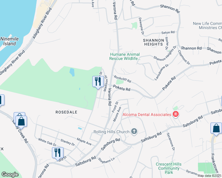 map of restaurants, bars, coffee shops, grocery stores, and more near 5743 Verona Road in Verona