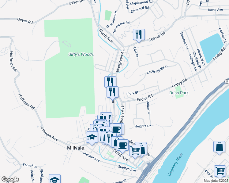 map of restaurants, bars, coffee shops, grocery stores, and more near 654 Evergreen Road in Pittsburgh