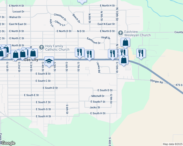 map of restaurants, bars, coffee shops, grocery stores, and more near 727 East South B Street in Gas City