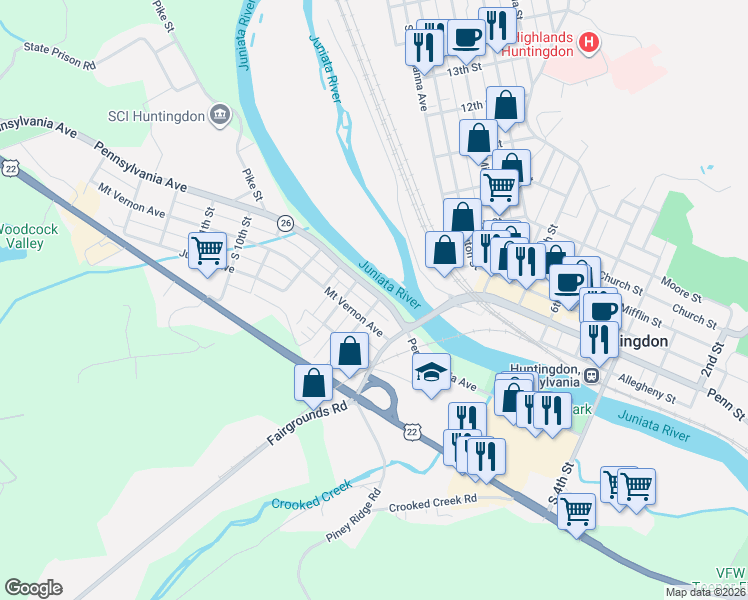 map of restaurants, bars, coffee shops, grocery stores, and more near 501-599 Pennsylvania Avenue in Huntingdon