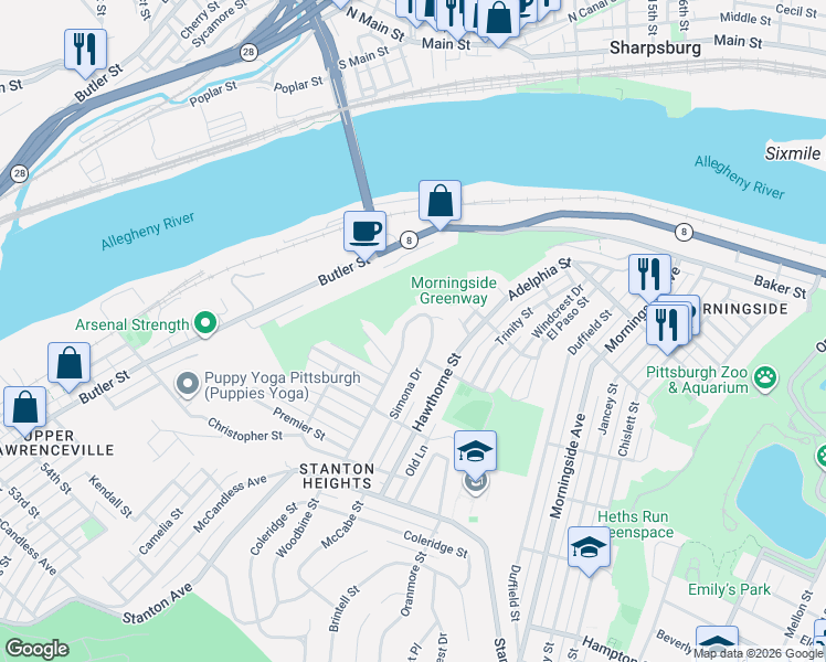 map of restaurants, bars, coffee shops, grocery stores, and more near 1531 Woodbine Street in Pittsburgh