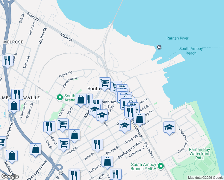 map of restaurants, bars, coffee shops, grocery stores, and more near 163 2nd Street in South Amboy