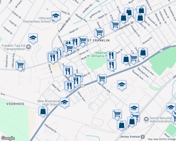 map of restaurants, bars, coffee shops, grocery stores, and more near 38 Parkside Street in Franklin Township