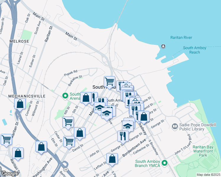 map of restaurants, bars, coffee shops, grocery stores, and more near 213 North Broadway Street in South Amboy