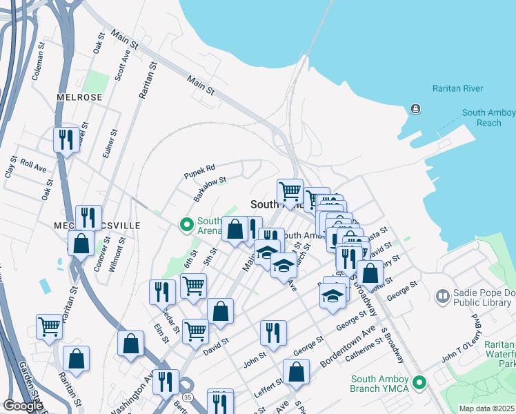 map of restaurants, bars, coffee shops, grocery stores, and more near 240 4th Street in South Amboy